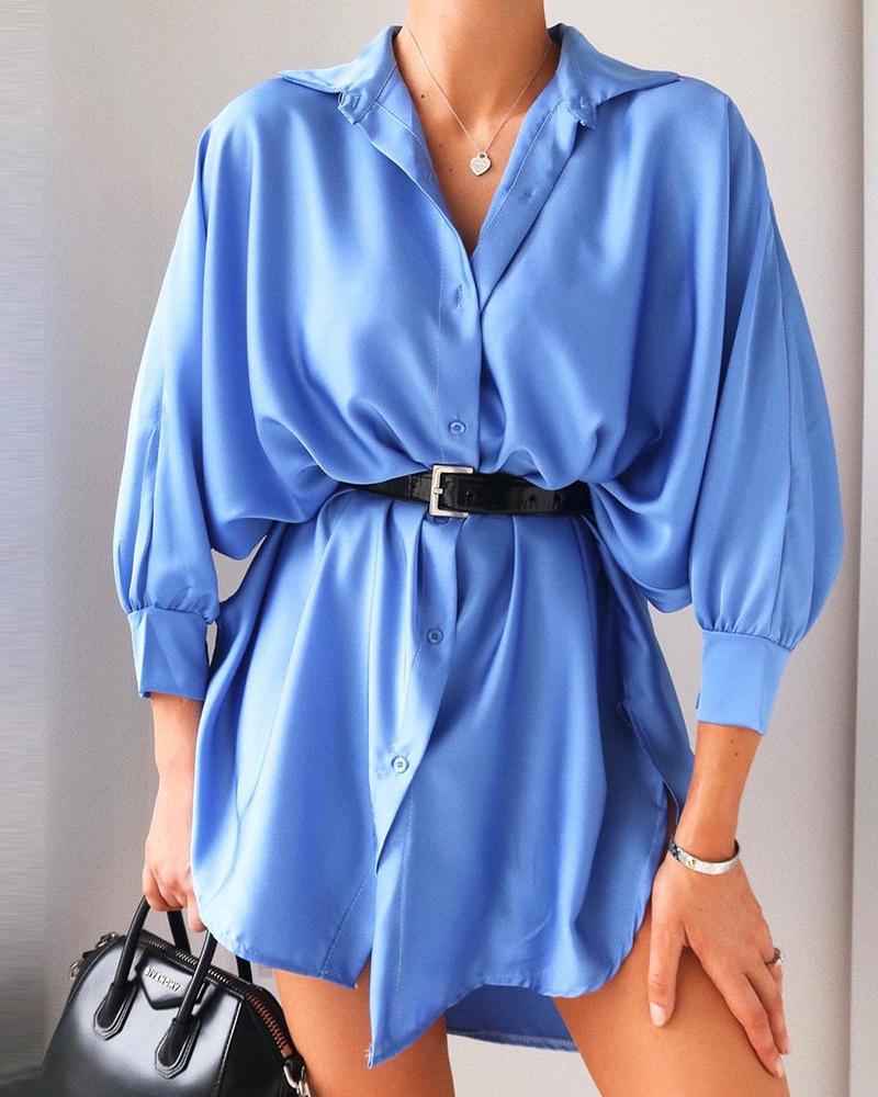 

Lantern Sleeve Button Design Shirt Dress, Blue