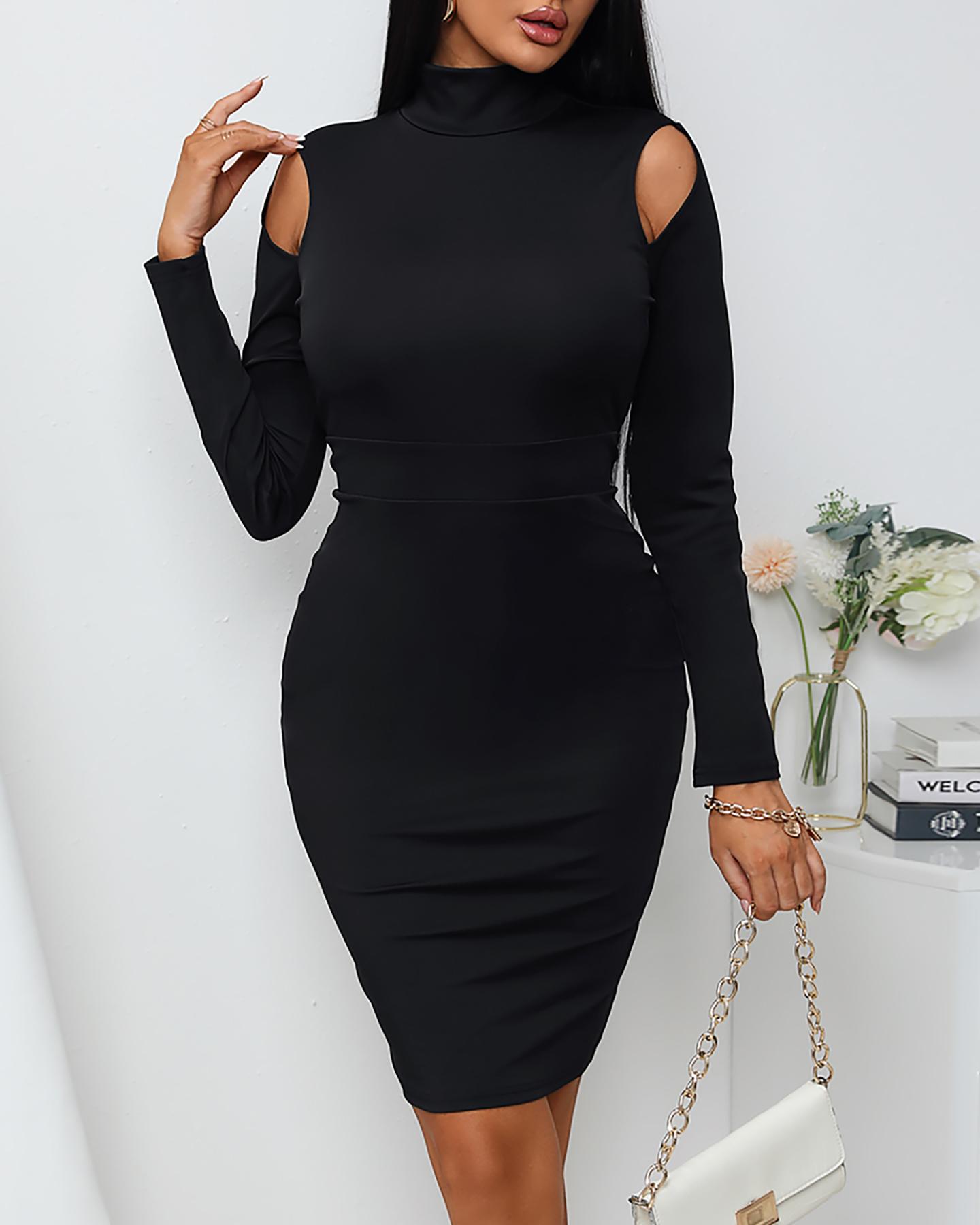 

Cutout Long Sleeve Skinny Midi Dress, Black