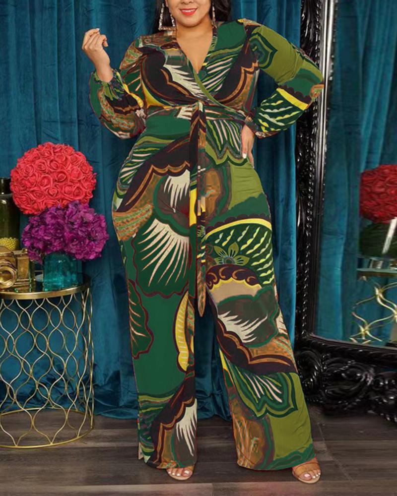 

Plus Size Graphic Print Long Sleeve Belted Jumpsuit, Green
