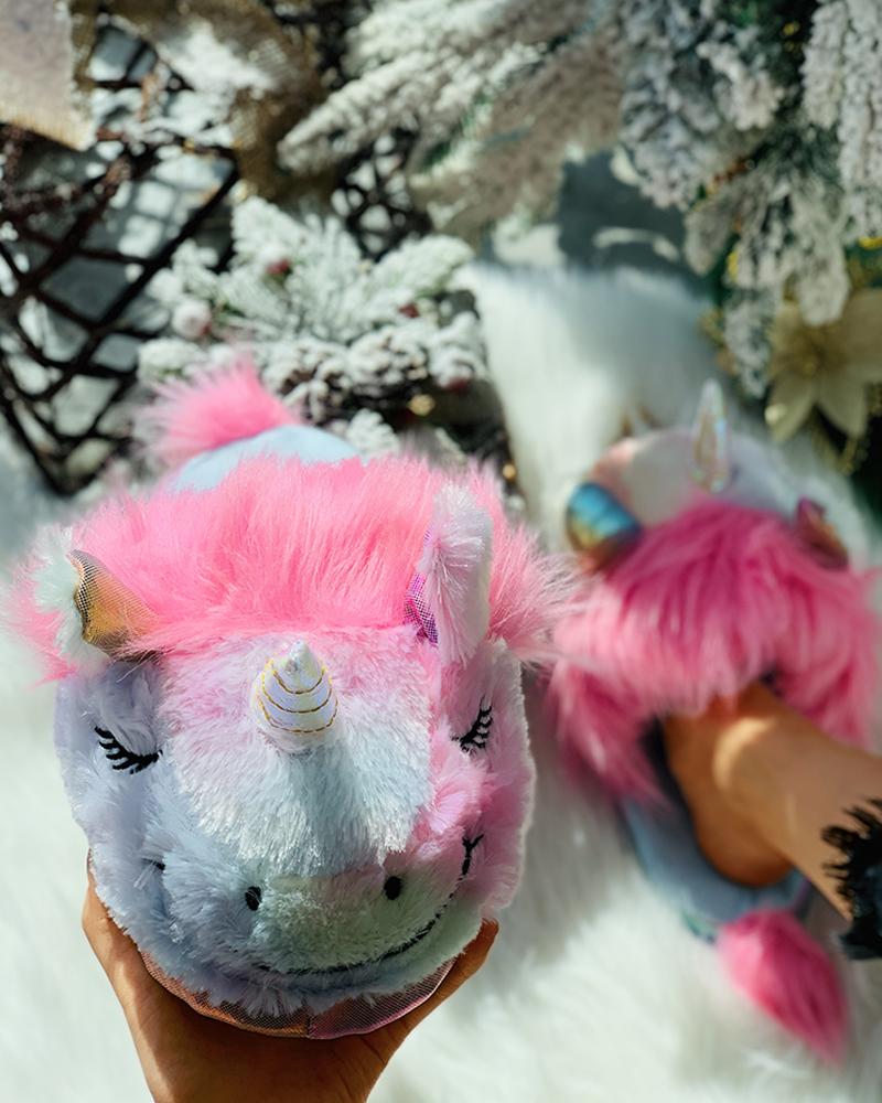

Unicorn Pattern Colorblock Fluffy Slippers, Multicolor