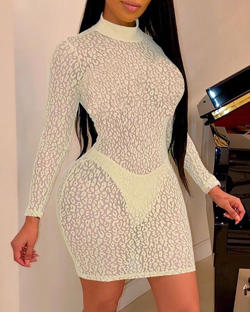 

Leopard Print Long Sleeve Mock Neck Mini Dress, White