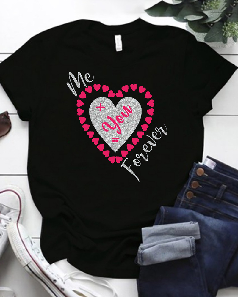 

Valentine' Day Short Sleeve Heart Letter Print Top, Black