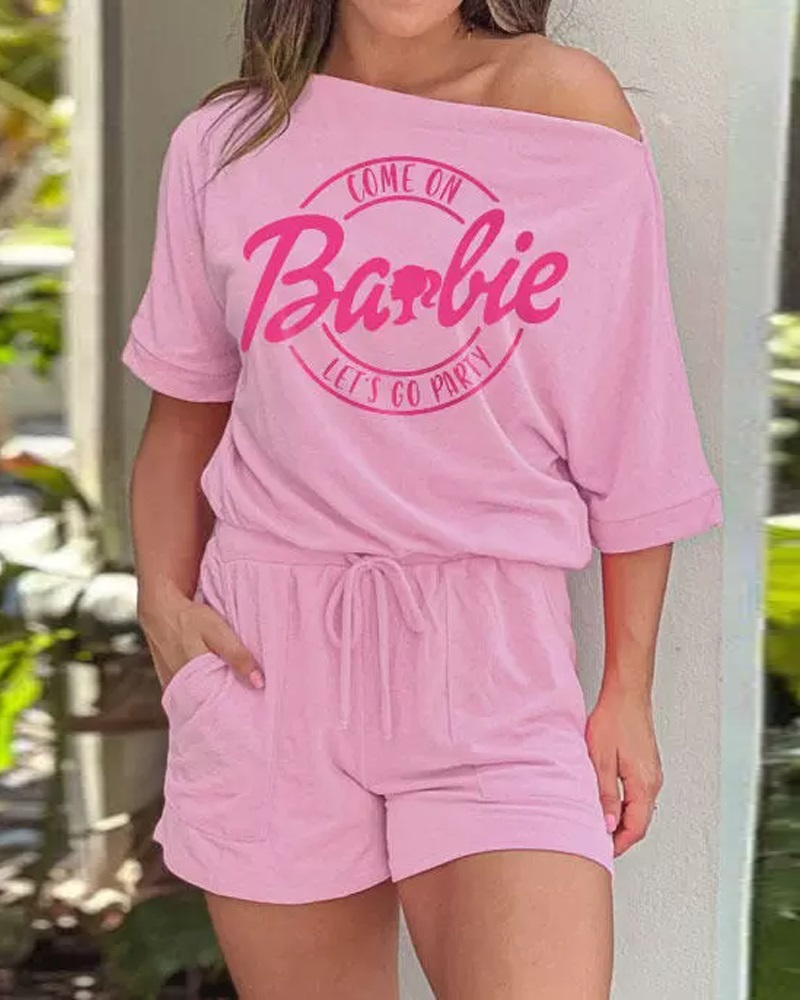 

Barbie Letter Print Skew Neck Drawstring Romper, Pink
