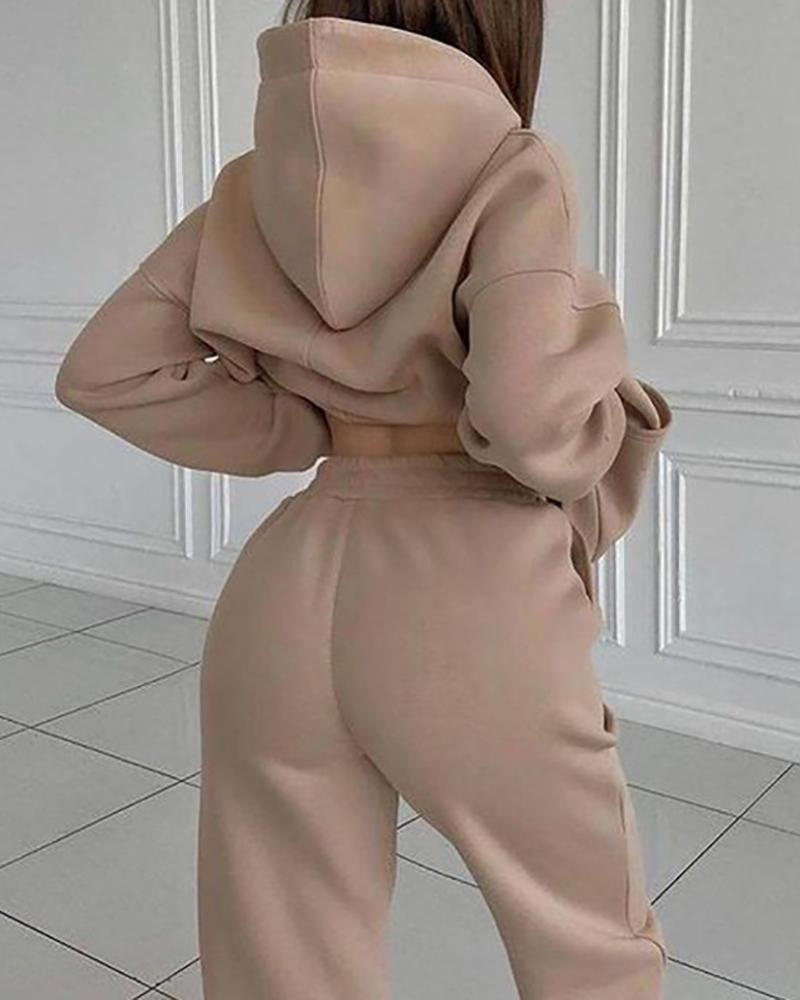 

Pocket Design Long Sleeve Hooded Top & Pants Set, Khaki