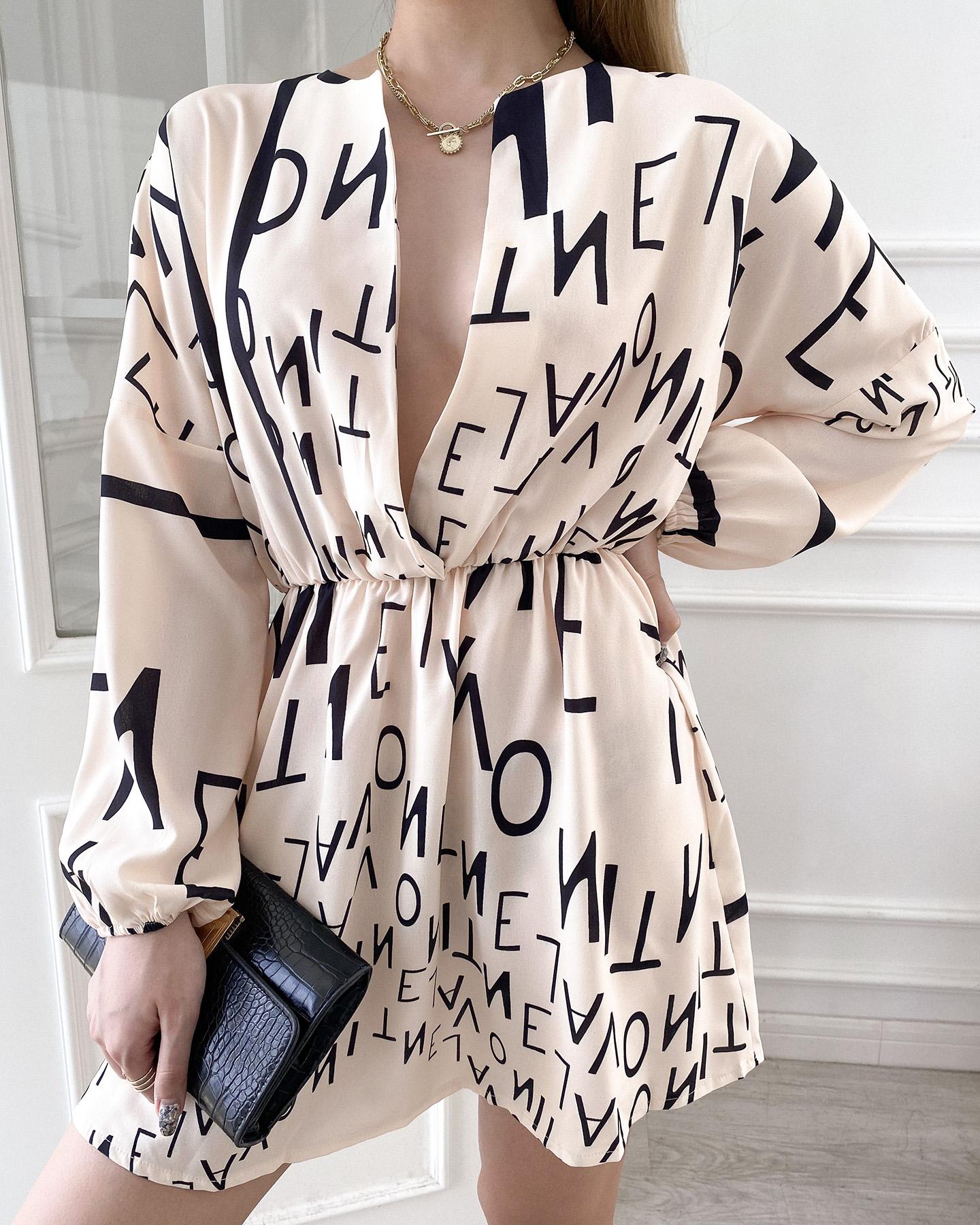 

Lantern Sleeve Letter Print Plunge Dress, Apricot