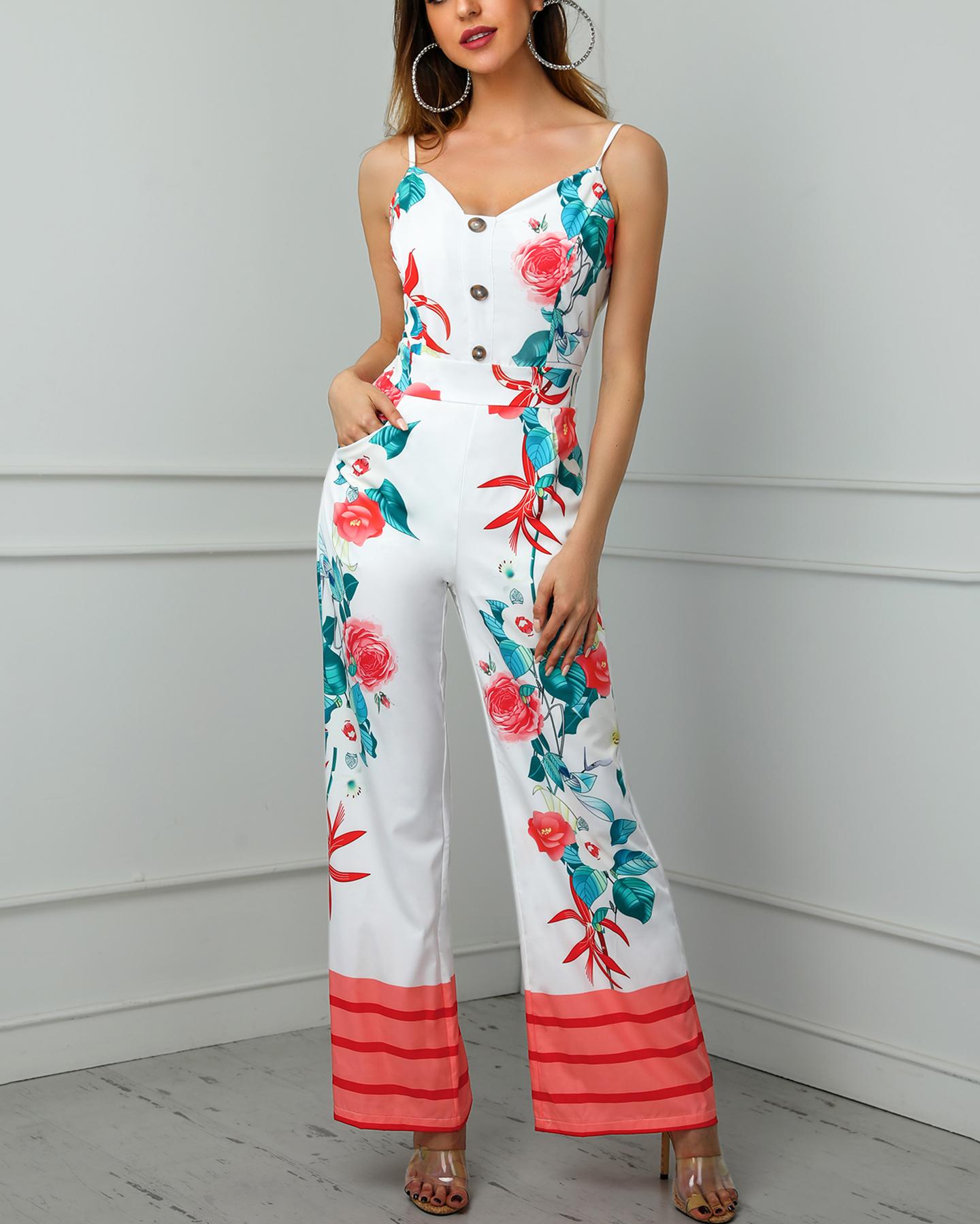 

Spaghetti Strap Floral Print Jumpsuit, White