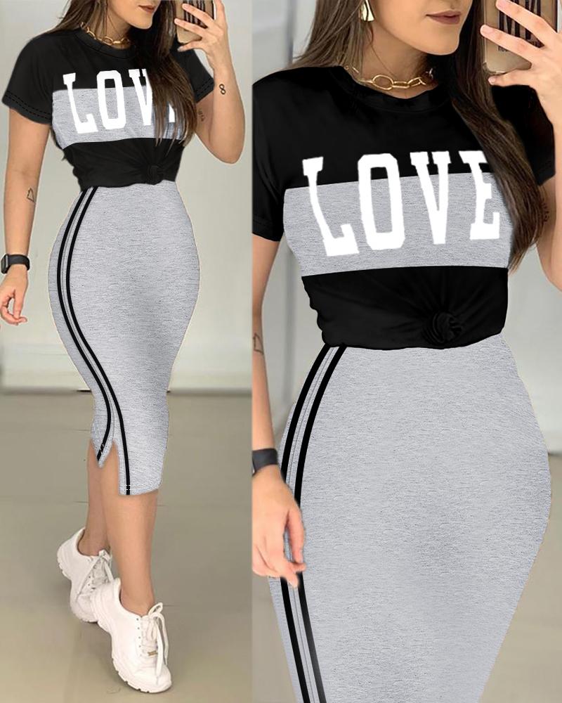 

Love Print Colorblock Top & Striped Slit Skirt Set, Gray