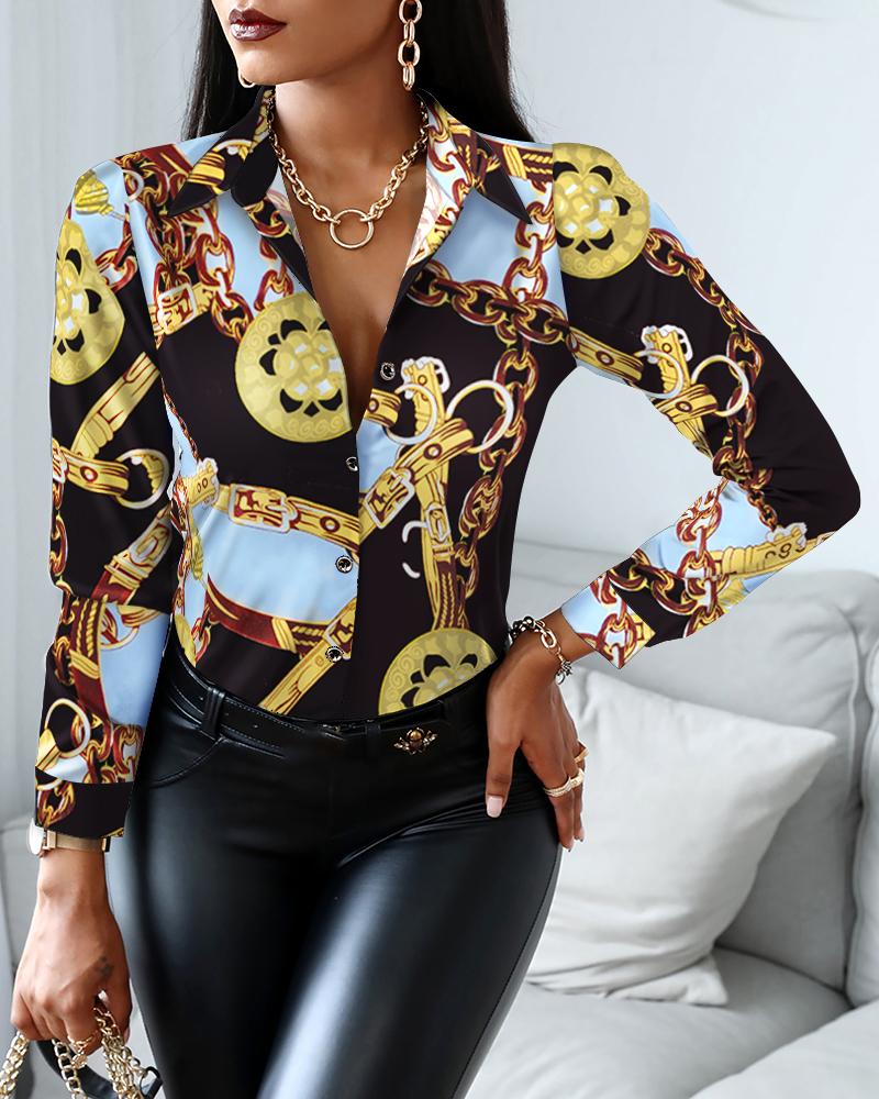 

Scarf Chain Print Long Sleeve Button Through Top, Multicolor