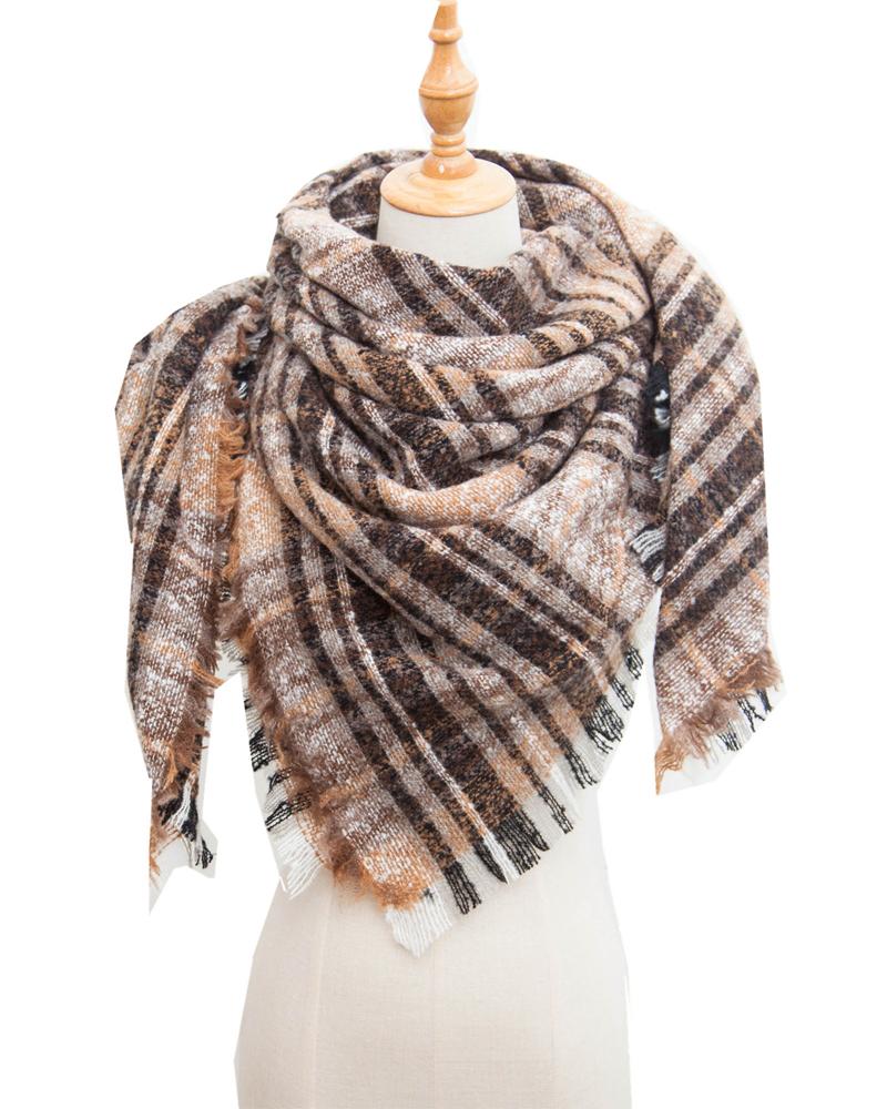 

1pc Fringe Trim Plaid Warm Triangle Scarf Wrap Shawl, Style2