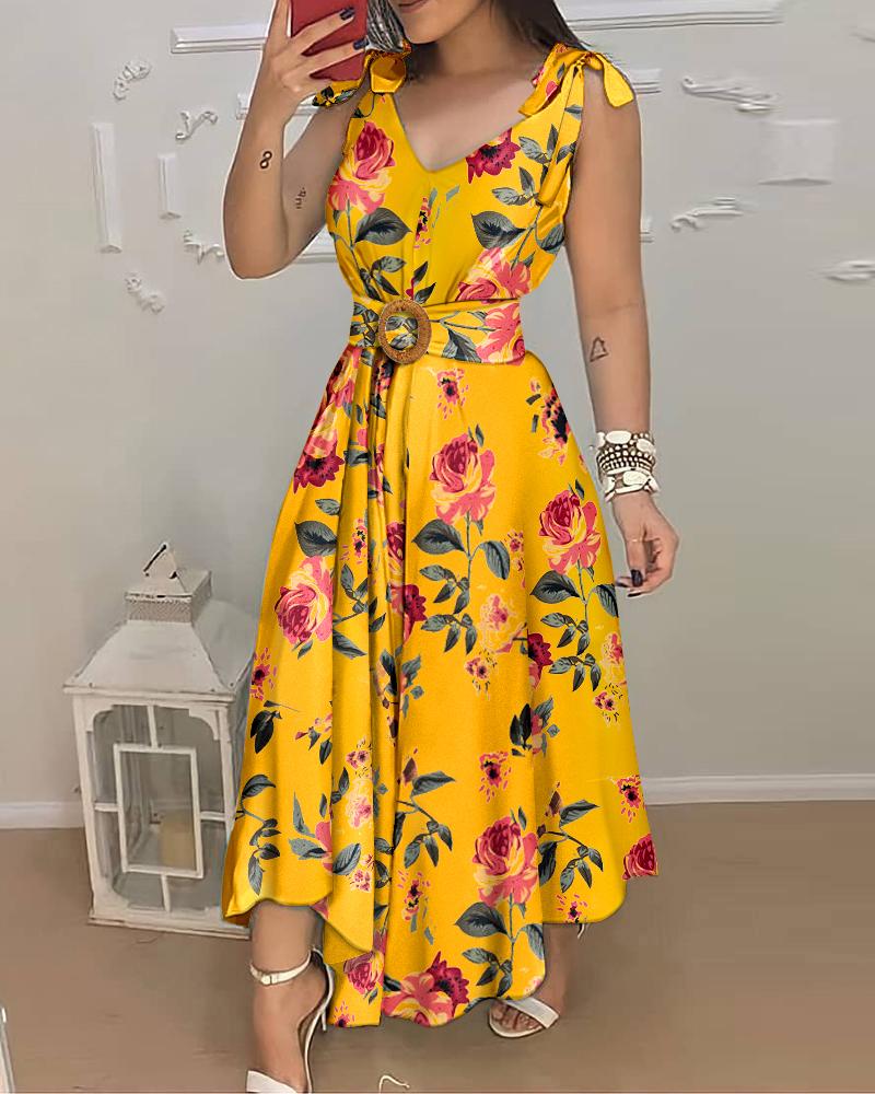 

Floral Print Tied Detail Belted Design Maxi Dress, Yellow