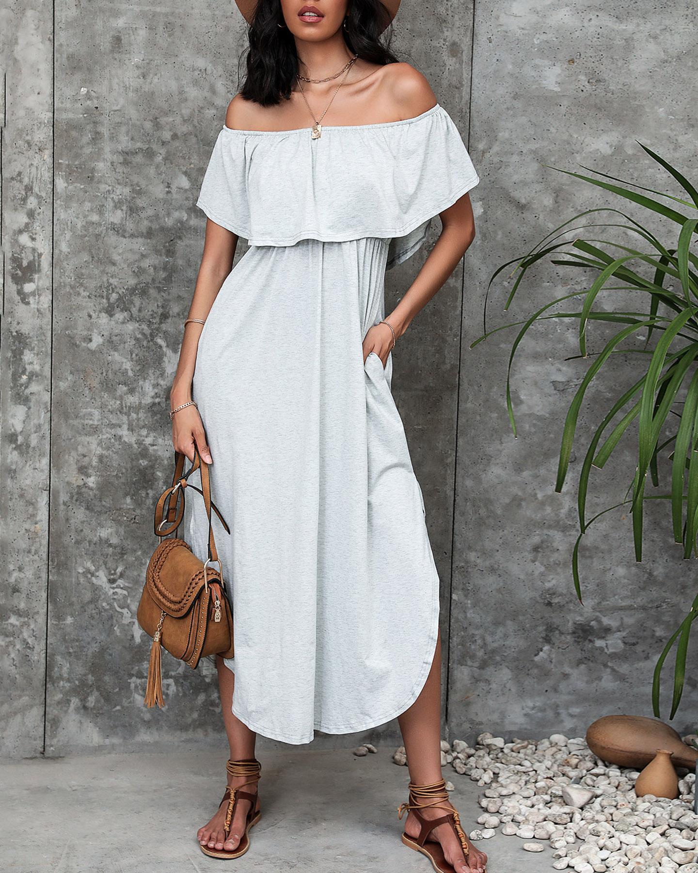 

Solid Off Shoulder Ruffles Silit Casual Dress, Gray