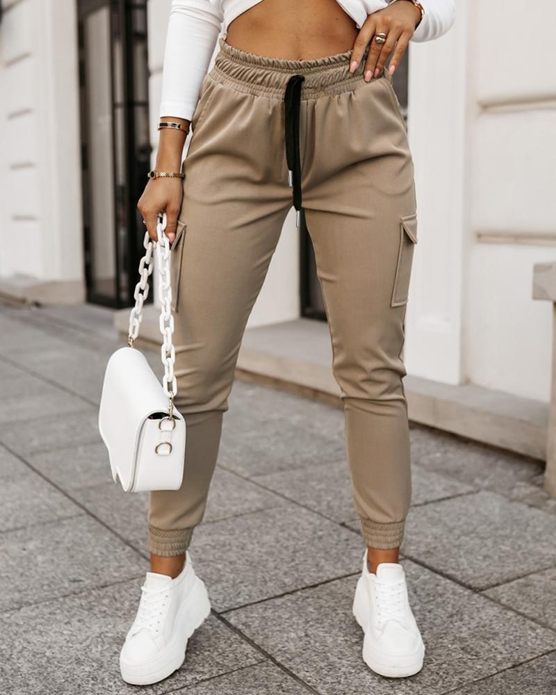 

Drawstring Pocket Design Cuffed Pants, Khaki