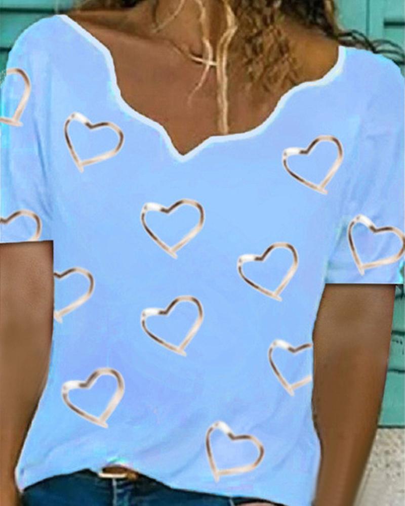 

Valentine's Day Heart Print Casual T-shirt, Blue