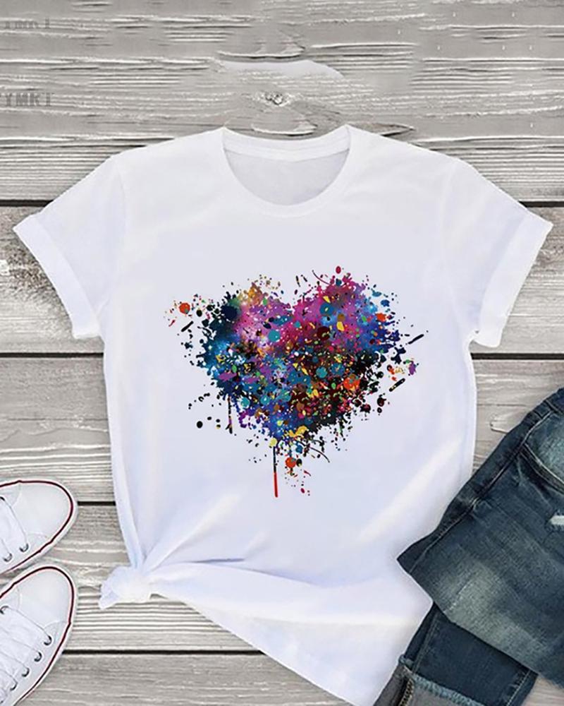 

Valentine's Day O-Neck Heart Print Short Sleeve T-shirt, Style3