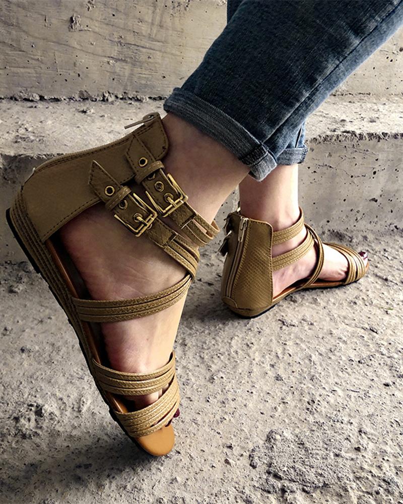 

Solid Strappy Boho Flat Sandals, Khaki