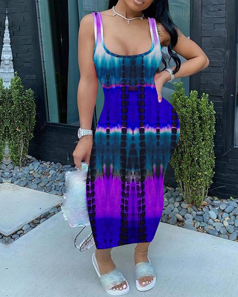 

Tie Dye Print Thick Strap U-Neck Maxi Dress, Purple