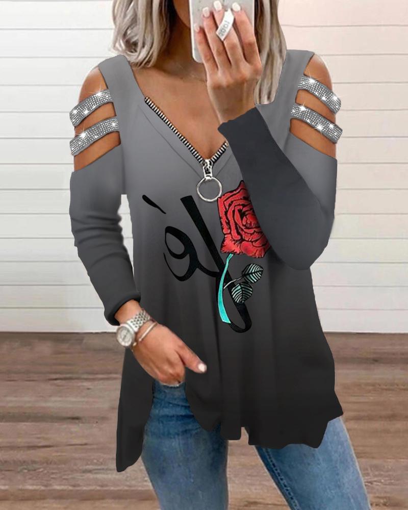 

Floral Print Ombre Rhinestone Strap Cutout Zip Front Top, Black