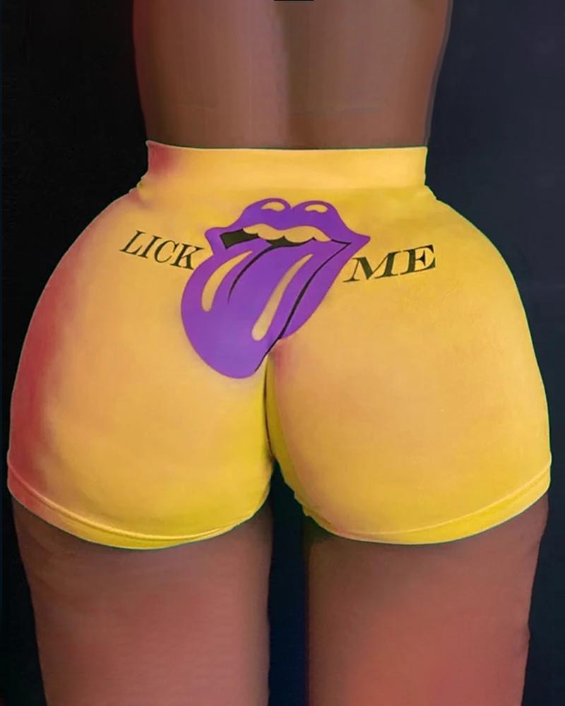 

Lip Letter Print High Waist Casual Shorts, Yellow