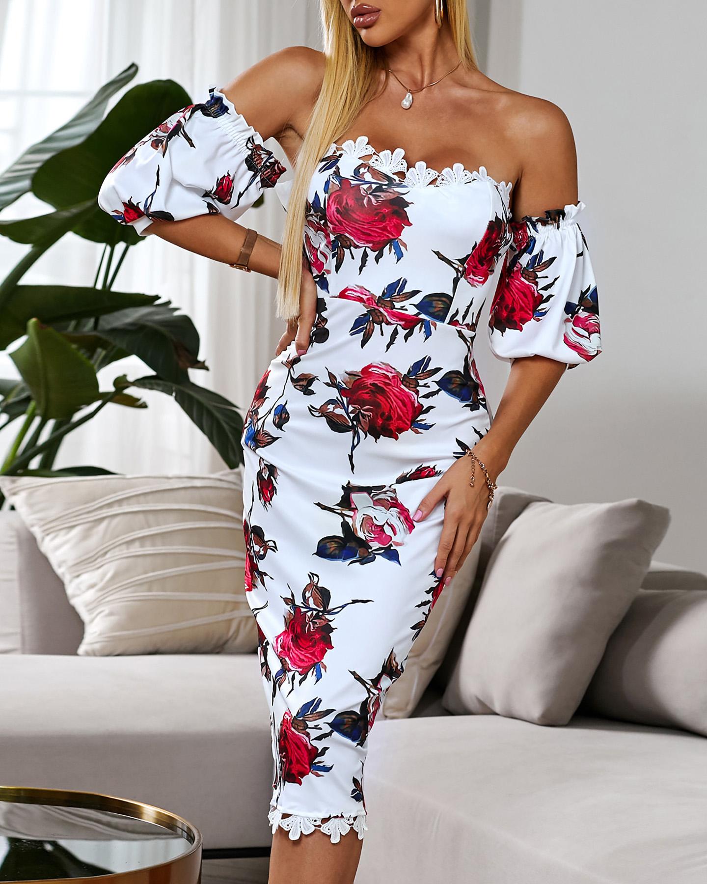 

Floral Print Lace Trim Off Shoulder Dress, White