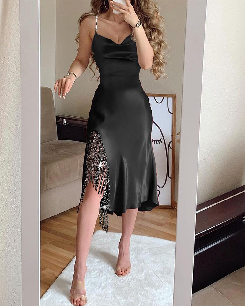 

Cowl Neck Rhinestone Tassel Design Party Dress, Black