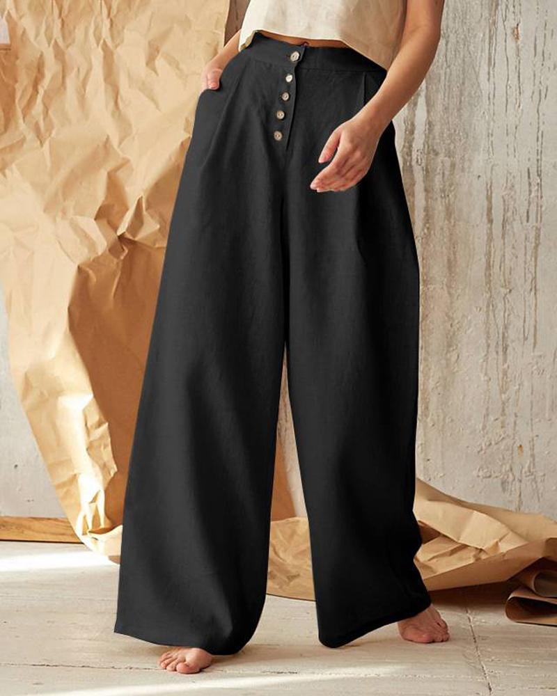 

Button Fly High Waist Wide Leg Pants, Black