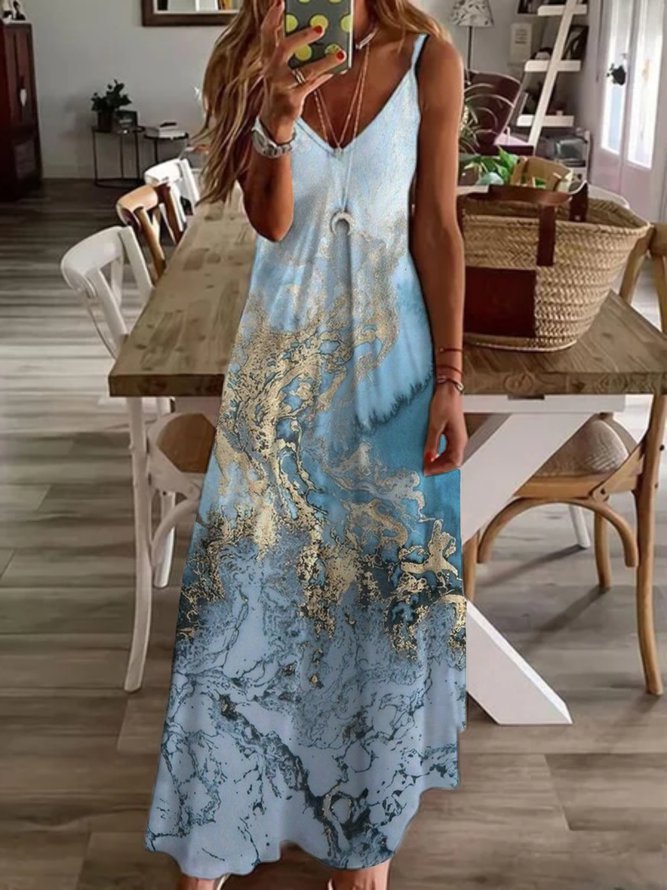 

Marble Print V-Neck Spaghetti Strap Maxi Dress, Blue