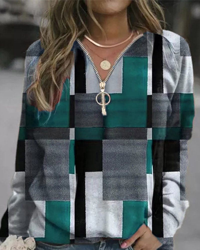 

Geometric Print Zip Front Long Sleeve Sweatshirt, Lighted blue