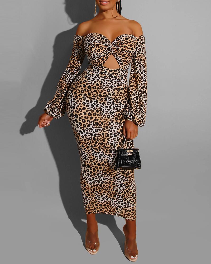 

Off Shoulder Leopard Lantern Sleeve Cut Out Dress, Yellow