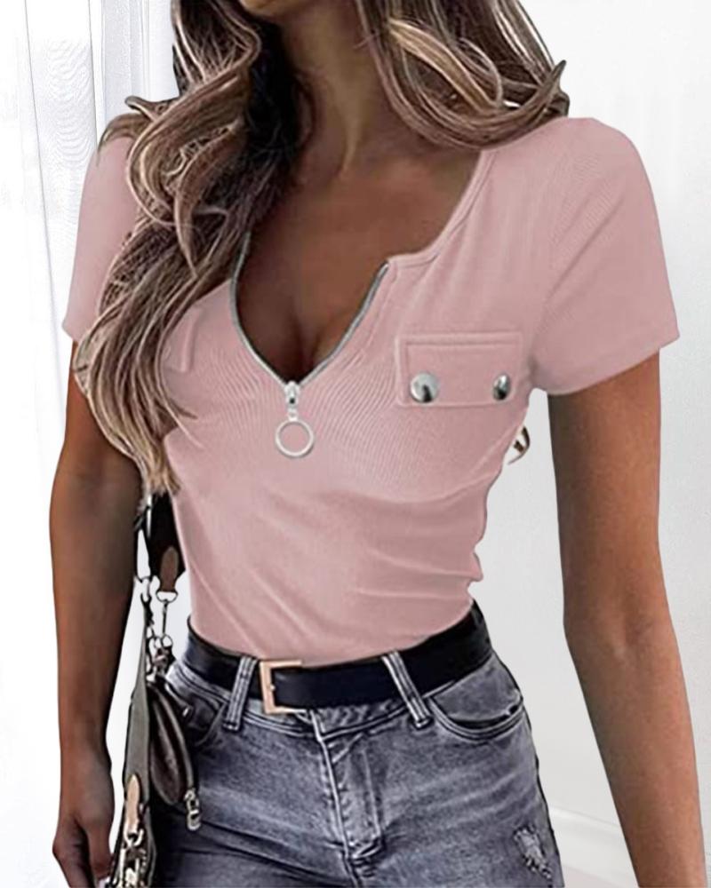 

Short Sleeve Zipper Front Casual T-shirt, Pink