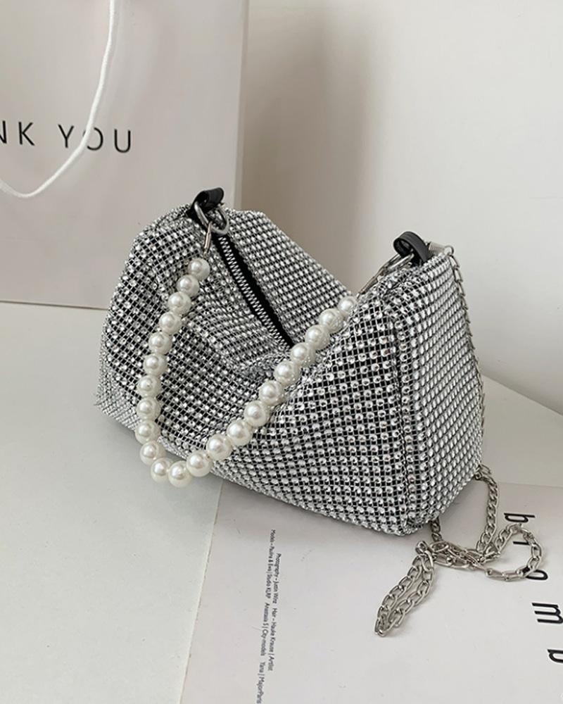 

Sparkling Rhinestone Shoulder Bag With Pearls Handle, Silver