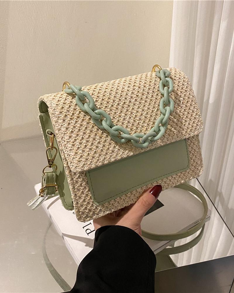 

Colorblock Straw Flap Shoulder Bag With Chain Handle, Green