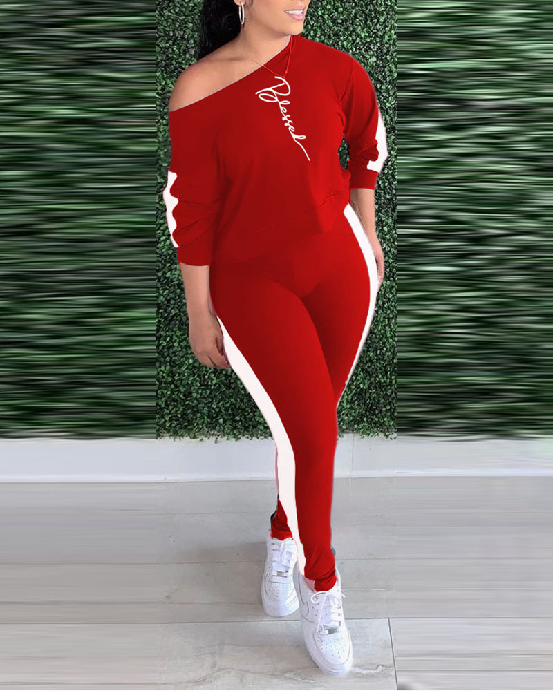 

Letter Print Patchwork Long Sleeve Top & Pants Set, Red