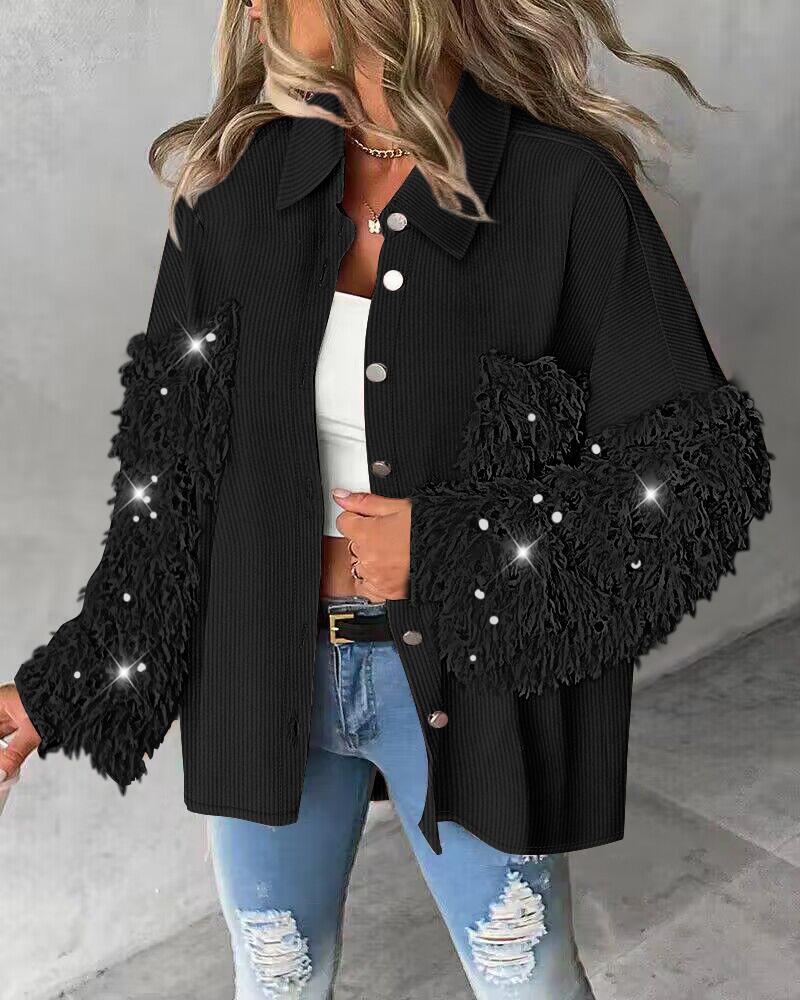 

Contrast Sequin Turn-down Collar Long Sleeve Tassel Design Fuzzy Shacket with Pocket, Black