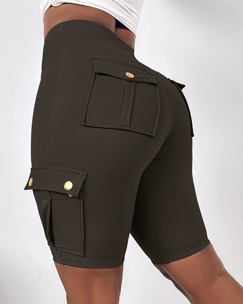 

Bermudas deportivas con cintura alta y bolsillos con solapa para hacer ejercicio, control de abdomen y levantamiento de glúteos, Army green