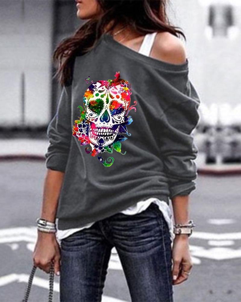 

Halloween One Shoulder Long Sleeve Skull Graphic Print Sweatshirt, Gray