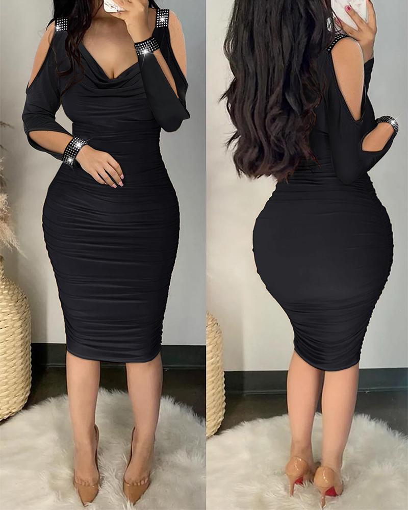 

Rhinestone Decor Cold Shoulder Ruched Bodycon Dress, Black