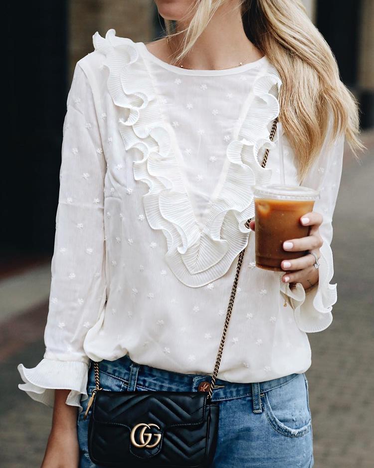 

Lace Ruffles Flare Sleeve Casual Blouse, White