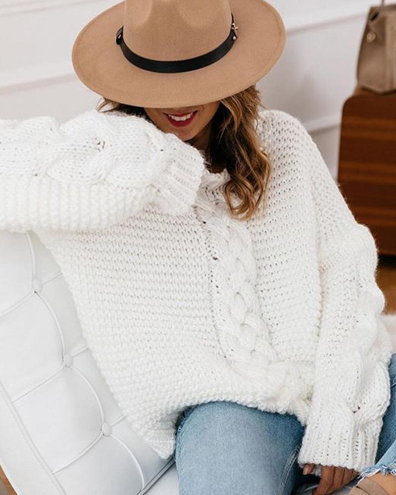 

Casual Solid V-neck Loose Sweater, White