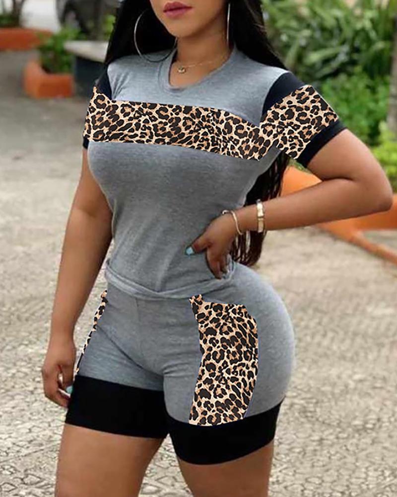 

Cheetah Print Colorblock Top & Pocket Design Shorts Set, Gray
