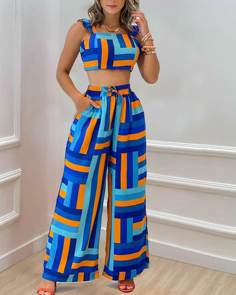 Geo Print Tie Back Crop Top & Wide Leg Pants Set