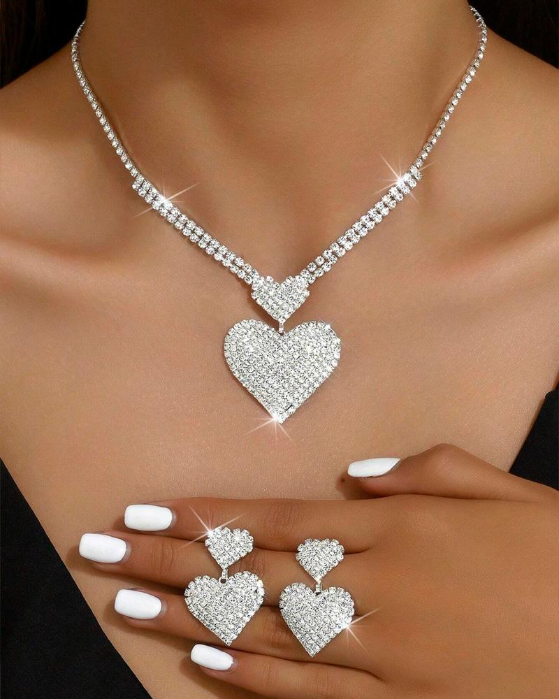 

Ensemble de bijoux 2 pièces avec collier en strass à motif de cœur et boucles d'oreilles pendantes étincelantes pour cadeaux de mariage de la Saint-Valentin, Silver