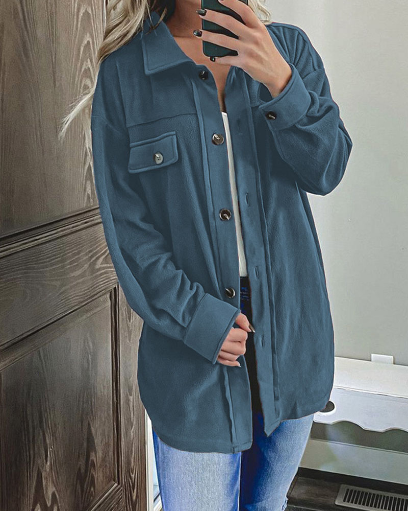 

Long Sleeve Flap Detail Button Down Shacket, Blue