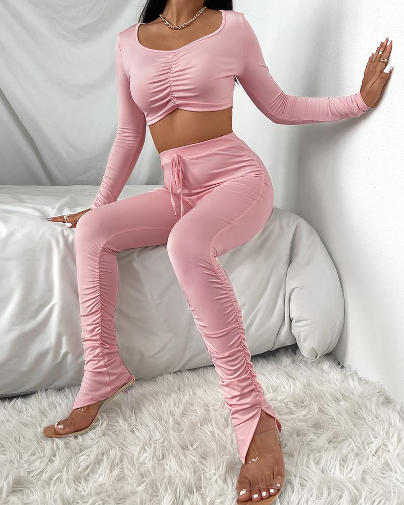 

Long Sleeve Ruched Skinny Top & Drawstring Pants Set, Pink