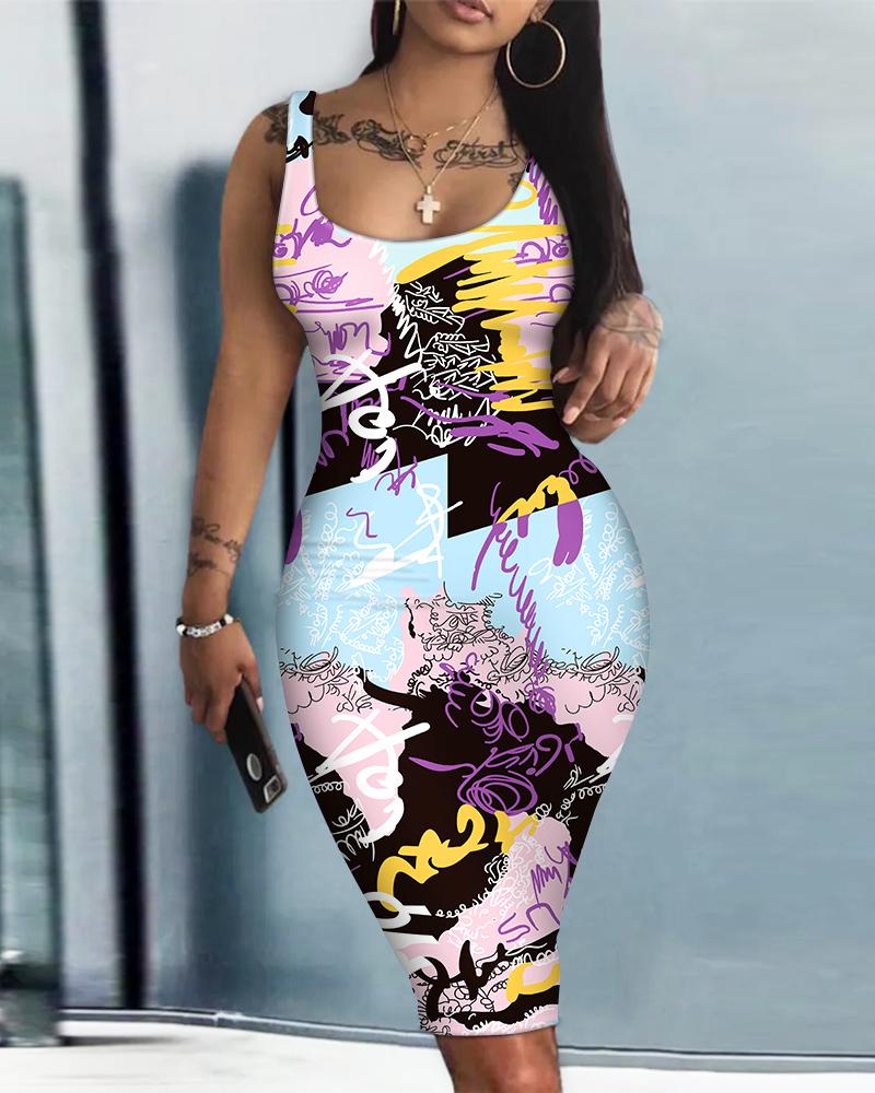 

Graffiti Print Sleeveless U-Neck Bodycon Dress, Multicolor