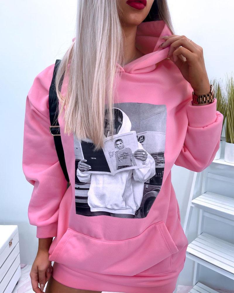 

Graphic Print Drop Shoulder Hooded Sweatshirt Dress, Pink