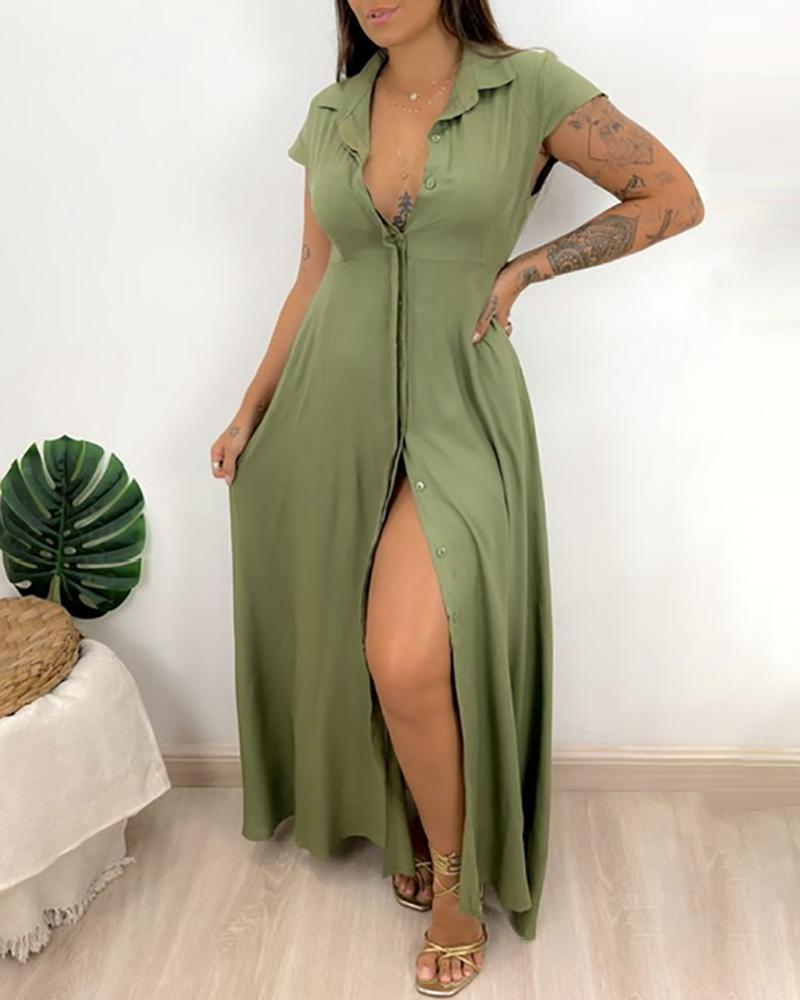 

Button Front Short Sleeve Shirt Dress, Green