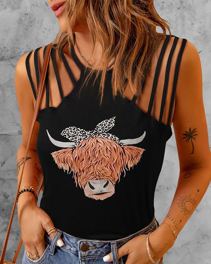 

Ladder Cutout Highland Cattle Print Sleeveless Tank Top, Black