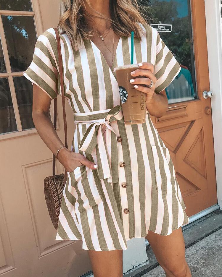 

Striped Button Belted Pocket Design Dress, Khaki
