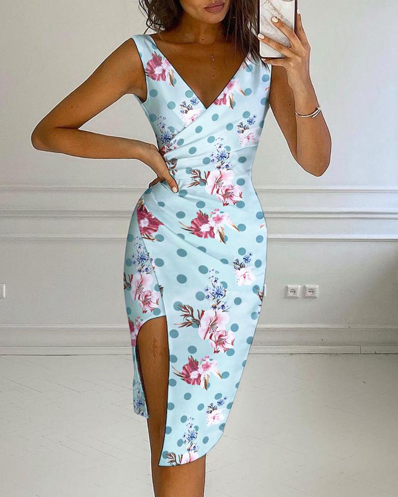 

Floral Print V-neck Sleeveless Wrap Ruched Slit Bodycon Dress, Blue