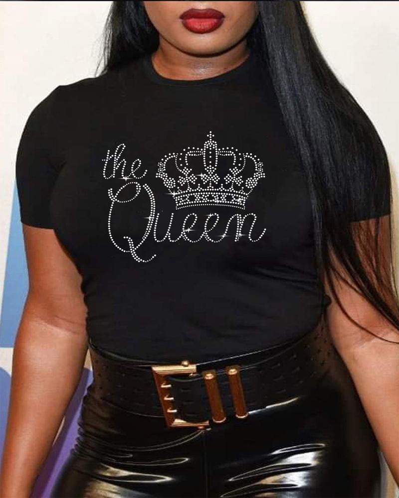 

Plus Size The Queen Crown Rhinestone Casual T-shirt, Black